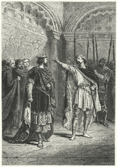 Hugh Capet, frankernas kung, och den rebelliske greve Adalbert av Perigord, 987 (gravyr) av Alphonse Marie de (after) Neuville