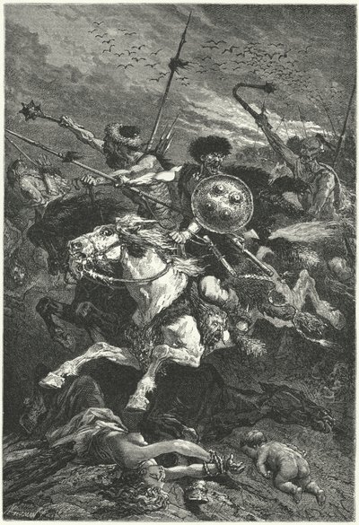 Hunner anfaller vid slaget vid Chalons, 451 (gravyr) av Alphonse Marie de (after) Neuville