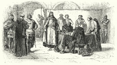 Proklamationen av katolicismen som religionen i det gotiska kungariket i Spanien vid det tredje konciliet i Toledo, 589 (gravyr) av Alphonse Marie de (after) Neuville