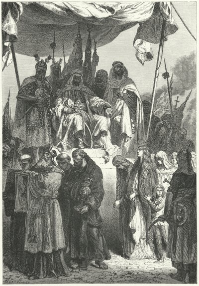 Saladin såg tillfångatagna kristna passera förbi efter hans erövring av Jerusalem av Alphonse Marie de (after) Neuville