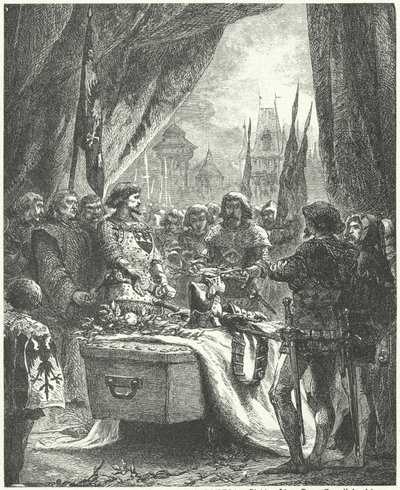 Befälhavaren för Chateauneuf de Randon lägger nycklarna till staden på Bertrand du Guesclins kista av Alphonse Marie de (after) Neuville