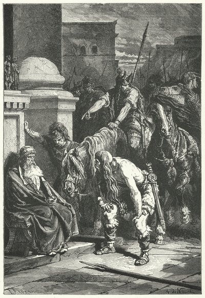 Den romerske konsuln Marcus Papirius död i den galliska säcken av Rom, 387 f.Kr. (gravyr) av Alphonse Marie de (after) Neuville