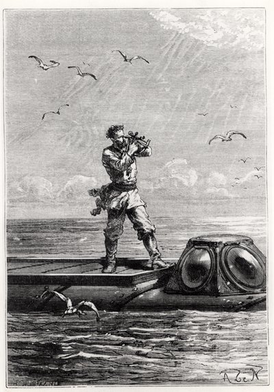 Kapten Nemo på toppen av Nautilus, från "20 000 mil under havet" av Jules Verne (1828-1905), graverad av Henri Theophile Hildibrand (1824-97). av Alphonse Marie de Neuville