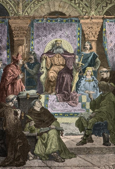 Karl den store presiderar över slottsakademin i närvaro av Alcuin (Gravyr) av Alphonse Marie de Neuville