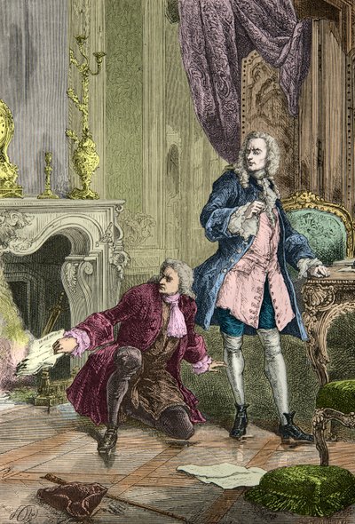 Charles Jean Francois Henault räddar manuskriptet till La Henriade som Voltaire hade kastat in i elden (Gravyr) av Alphonse Marie de Neuville