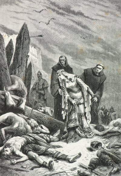 Edith med svanhals hittar kung Harolds kropp på slagfältet vid Hastings år 1066 (Gravyr) av Alphonse Marie de Neuville