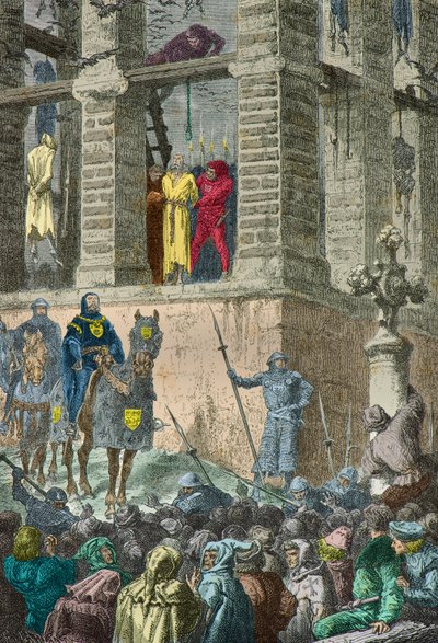Enguerrand de Marigny avrättas på galgen i Montfaucon 1315 (Gravyr) av Alphonse Marie de Neuville
