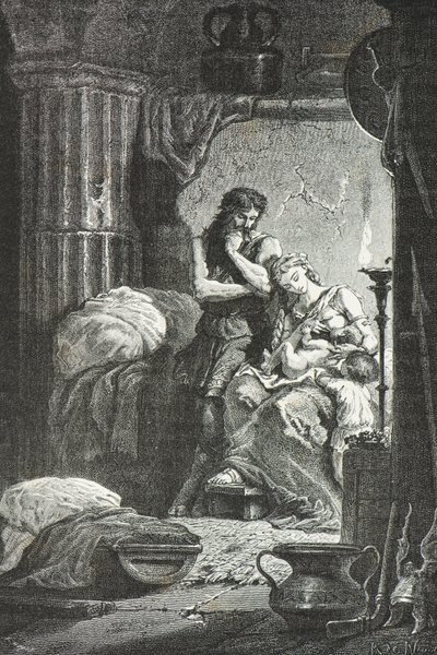 Eponine de Langres ammar Julius Sabinus barn i en grotta (Gravyr) av Alphonse Marie de Neuville
