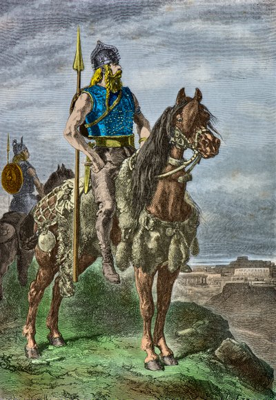 Ryttarporträtt av en gallisk krigare (Gravyr) av Alphonse Marie de Neuville