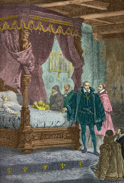 Gaspard de Coligny framför François 2:s dödsbädd år 1560 (Gravyr) av Alphonse Marie de Neuville