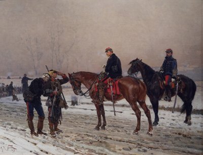 Generalförhör med en mobil vakt som stöder en skadad officer, december 1870 av Alphonse Marie de Neuville