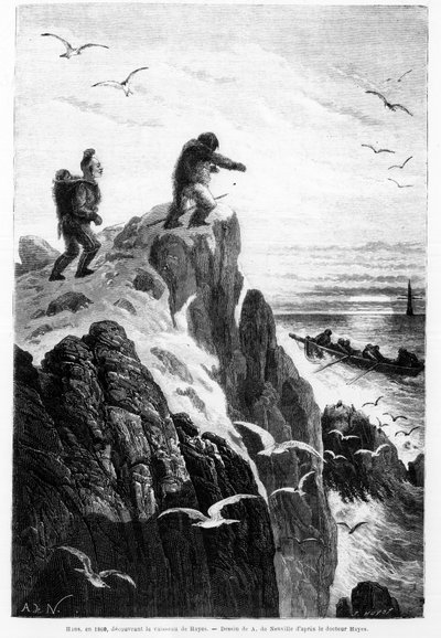 Hans 1860, upptäckte Hayes skepp - ritning från Neuville av Dr Hayes i "Polens fria hav, upptäcktsfärd i de arktiska haven av Alphonse Marie de Neuville