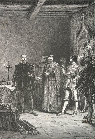 Jean de La Barre informerar Louis de Berquin om sin frigivning från conciergeriet (Gravyr) av Alphonse Marie de Neuville