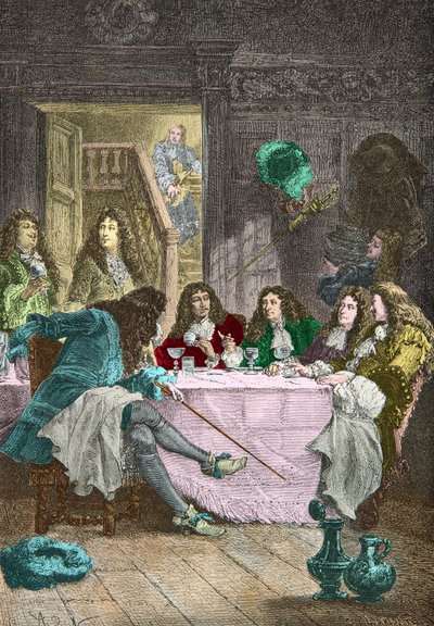 Jean de La Fontaine, Nicolas Boileau Despreaux, Moliere och Racine äter middag i en kabaret (Gravyr) av Alphonse Marie de Neuville