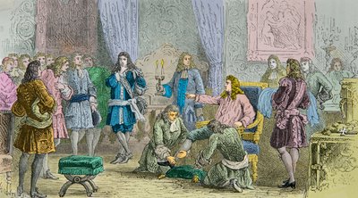 Ludvig 14:s uppstigande i närvaro av hovmännen (Gravyr) av Alphonse Marie de Neuville