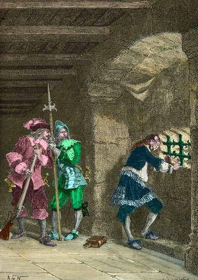 Mannen med järnmasken i fängelset (Gravyr) av Alphonse Marie de Neuville