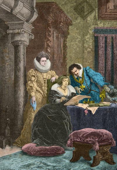 Marie de Medici under inflytande av Concino Concini och Leonora Dori (Gravyr) av Alphonse Marie de Neuville