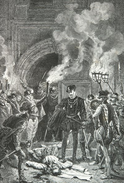 Massacre de la Saint Barthelemy, Duc de Guise knuffar Gaspard de Colignys lik med foten (Gravyr) av Alphonse Marie de Neuville