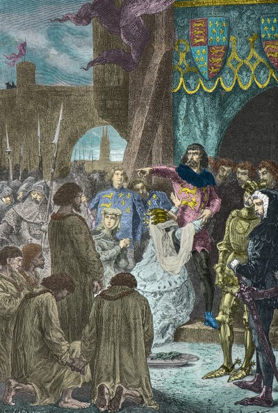 Philippa de Hainaut ber Edward 3 av England att skona borgarna i Calais år 1347 (Gravyr) av Alphonse Marie de Neuville