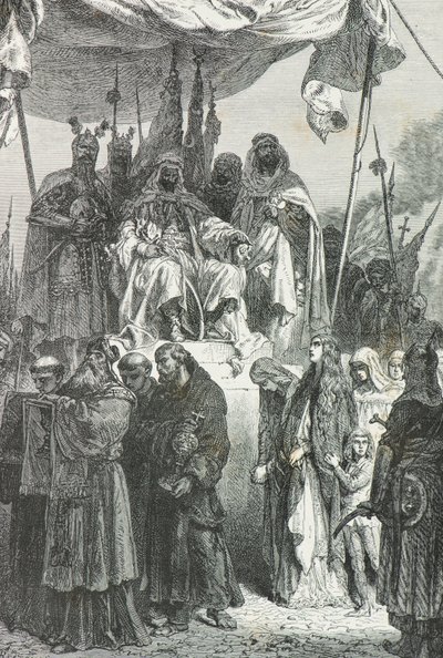 Saladin ser de kristna lämna Jerusalem år 1187 (Gravyr) av Alphonse Marie de Neuville