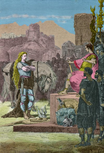 Vercingetorix kapitulerar för Julius Caesar efter nederlaget vid Alesia år 52 f.Kr (Gravyr) av Alphonse Marie de Neuville