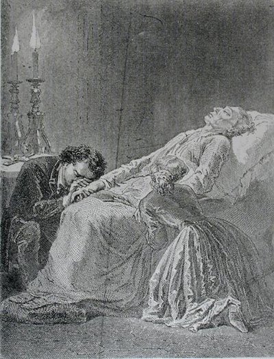 Jean Valjeans död, illustration från Les Miserables av Victor Hugo (1802-85) av Alphonse Marie de after Neuville