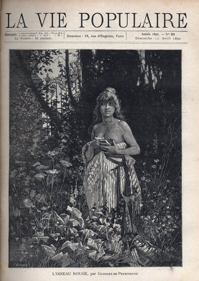 En naken ung kvinna, stående och decoiffe, täcker sin kropp med en filt, omgiven av vegetation och träd som maskerar ett smidesjärnsgaller. Illustration av Alfons Maria Mucha (Alphonse Marie Mucha av Alphonse Mucha