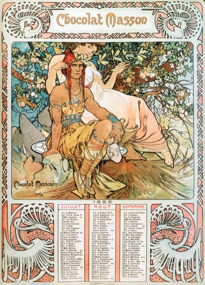 Vuxenkalendersida för året 1898 dekorerad av en reklamillustration av Alphonse Mucha (1860-1939) för chokladen Masson - "" The middle age"" Reklamillustration av Alphonse Mucha för av Alphonse Mucha