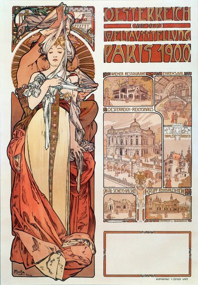 Reklamaffisch av Alphonse Mucha (1860-1939) för Österrike representerad på världsutställningen i Paris 1900 - Dim 68x98,5 cm Reklamaffisch av Alphonse Mucha för "" Österrike"" på utställningen av Alphonse Mucha