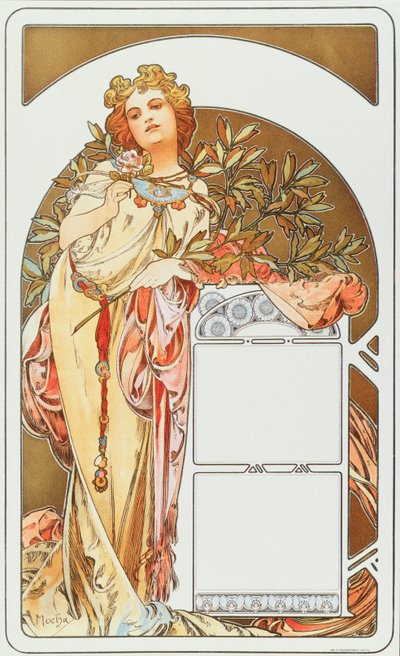 Reklamaffisch av Alphonse Mucha (1860-1939) för kalendern 1898 - Dim 31x51 cm Reklamaffisch av Alphonse Mucha för kalender, 1898 - Privat samling av Alphonse Mucha