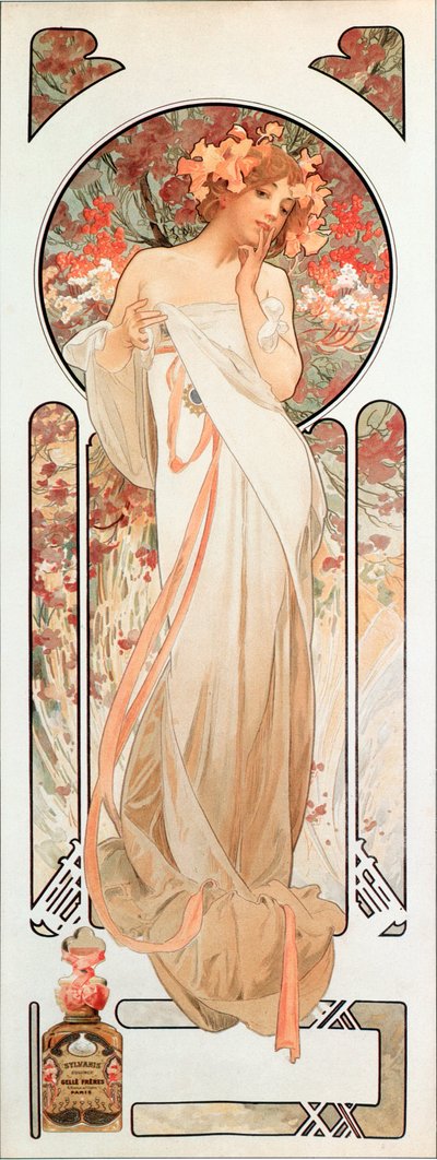 Reklamaffisch av Alphonse Mucha (1860-1939) för doften "Sylvanis essence" 1899 - Dim 21x61 cm Reklamaffisch av Alphonse Mucha för parfymen "" Sylvanis essence "" 1899 - Privat kol. av Alphonse Mucha
