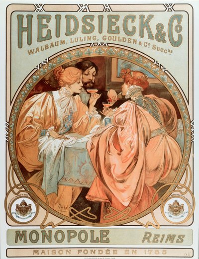 Reklameplakat for "" Heidsieck og co "" Maison de Champagne Charles Heidsieck, litografi af Alphonse Mucha (1860-1939) 1901 - Reklameplakat for Heidsieck Champagne firma, 1901 - Søn 49xswed av Alphonse Mucha
