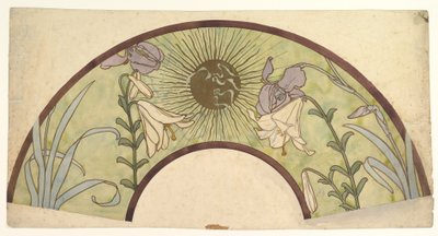 Design för en fläkt med sunburst, liljor och iris, sent 1800 - mitten av 1900-talet av Alphonse Mucha