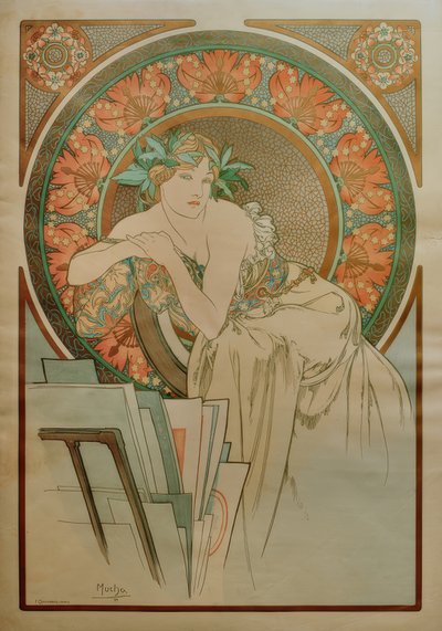 Kvinna med vallmo och grafisk portfölj av Alphonse Mucha
