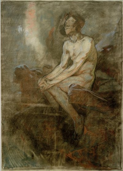Naken man sitter på en sten av Alphonse Mucha