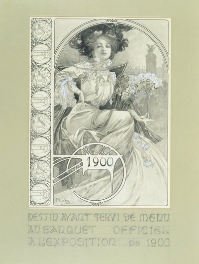 Officiell bankett för Paris International Exhibition 1900. Design för menyn. av Alphonse Mucha