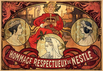 Affisch som annonserar Nestlé, hyllning till drottning Victorias diamantjubileum, 1897 av Alphonse Mucha
