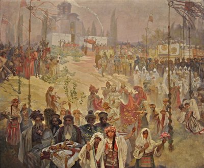 Den serbiske tsaren Stefan Dusans kröning till östromersk kejsare Cykeln Det slaviska eposet av Alphonse Mucha