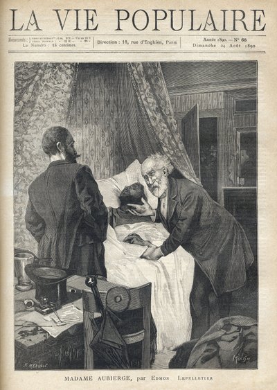 Två män lutar sig över en säng för att se en mans död. Vid dörren står andra män och tittar på scenen. Illustration av Alfons Maria Mucha (Alphonse Marie Mucha av Alphonse Mucha