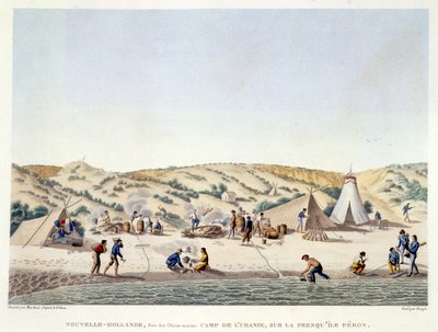 Baie des Chiens Marins, New Holland: Lägret i Urania nära Ile Peron, från 