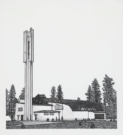 ritning av kyrkan med de tre korsen av Alvar Aalto