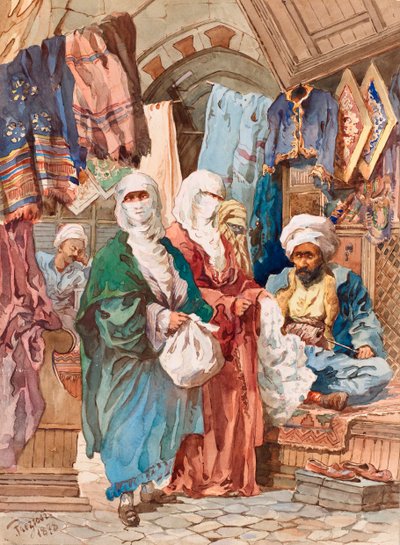 The Silk Bazaar (orientalisk marknad, souk, sidenvaror) - The Silk Bazaar - Av Amedeo Preziosi (1816-1882), Akvarell på papper (41x30 cm) - Pera Museum, Istanbul av Amadeo Preziosi
