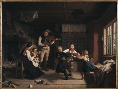 Söndag kväll i en bondgård i Dalarna - Söndagskväll i en bondgård i Dalarna, av Lindegren, Amalia (1814-1891). olja på duk av Amalia Lindegren