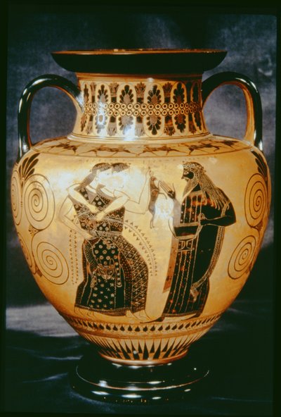 Attisk svart figuramfora föreställande en dionysisk scen, 540-530 f.Kr. (lergods) av Amasis Painter