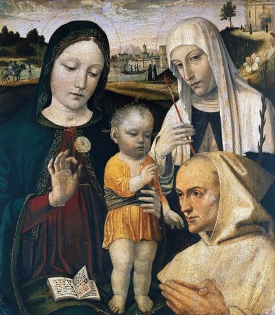 Madonna och barn, Saint Catherine of Siena och en kartusisk munk, ca. 1490. av Ambrogio Bergognone