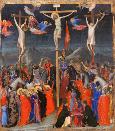 Korsfästelsen - På sidorna, representation av den gode tjuven (även kallad Saint Dismas (eller Dysmas, Dimas, Dumas) och den onde tjuven (Gesmas eller Gestas), två tjuvar korsfästa med Jesus Kristus - Inskription INRI (I N R I) på korset - Målning av Gio av Ambrogio Bondone (workshop) Giotto