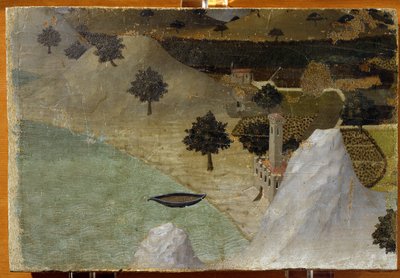 Ett slott som står vid en sjö - tempera på panel av Ambrogio Lorenzetti