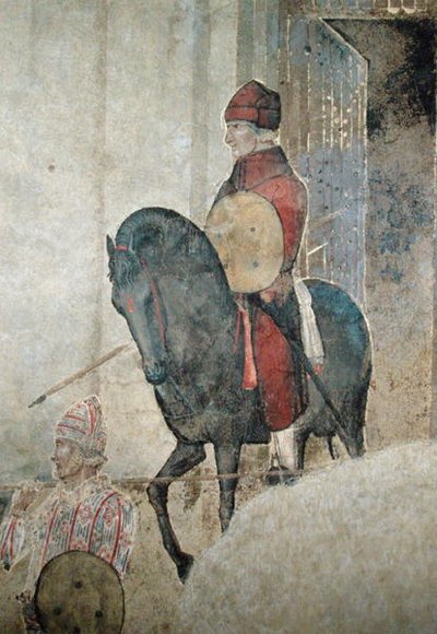 Allegory of Bad Government, detalj av en beväpnad ryttare av Ambrogio Lorenzetti