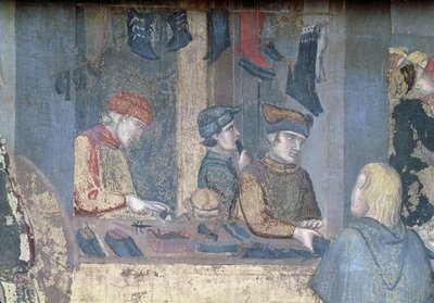 Effekter av gott styre i staden, detalj av en köpman och hantverkare i skomakarens butik av Ambrogio Lorenzetti