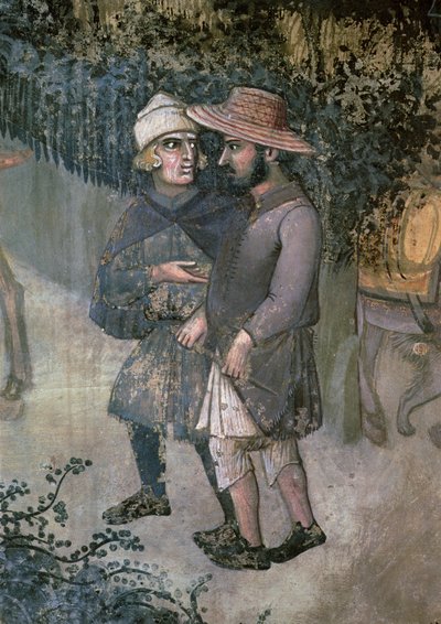 Effekter av gott styre på landsbygden, detalj av två män som går och pratar av Ambrogio Lorenzetti